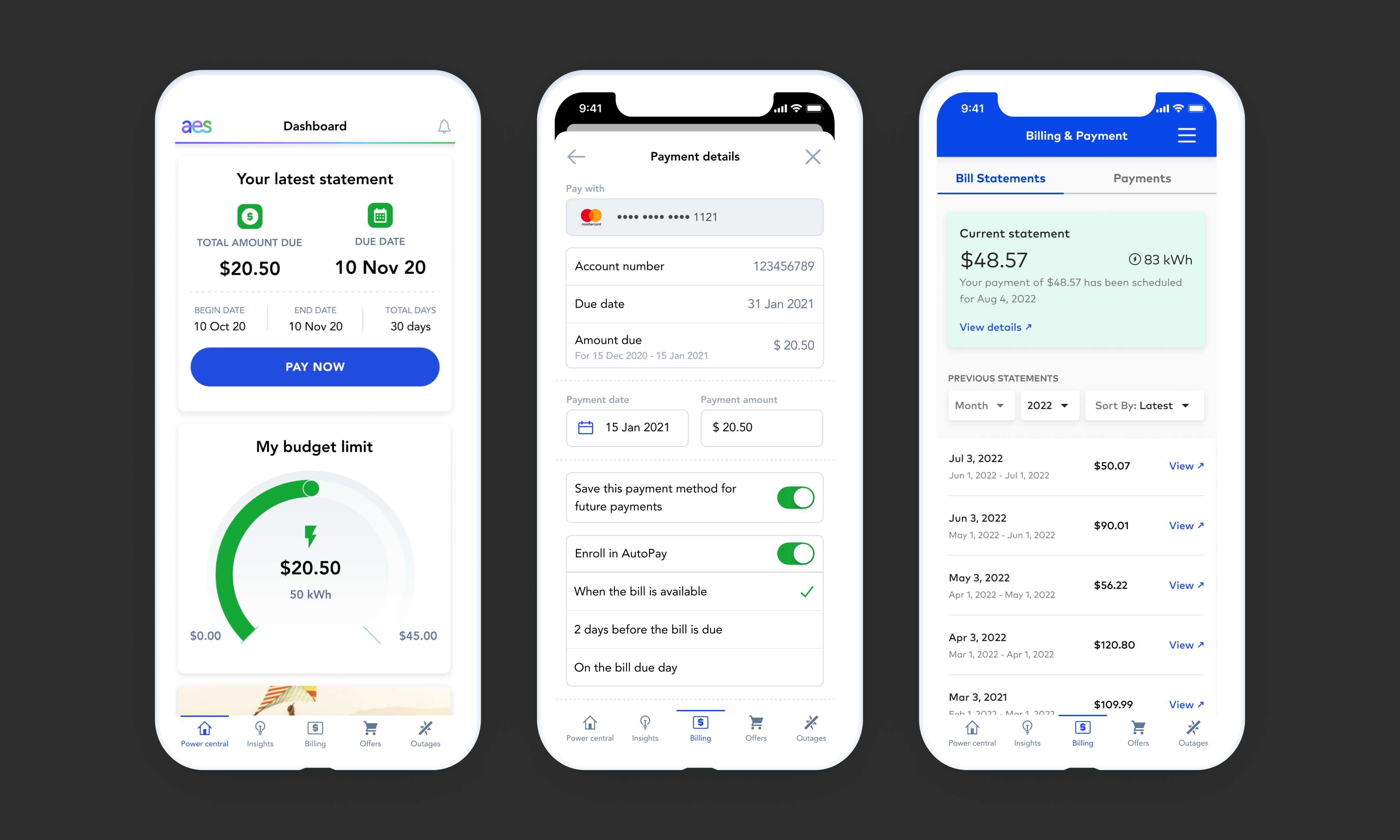 Billing and payment screens